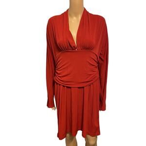 Boston Proper Dress Sz L Vivid Red Plunging Neckline Long Sleeve Party Holidays